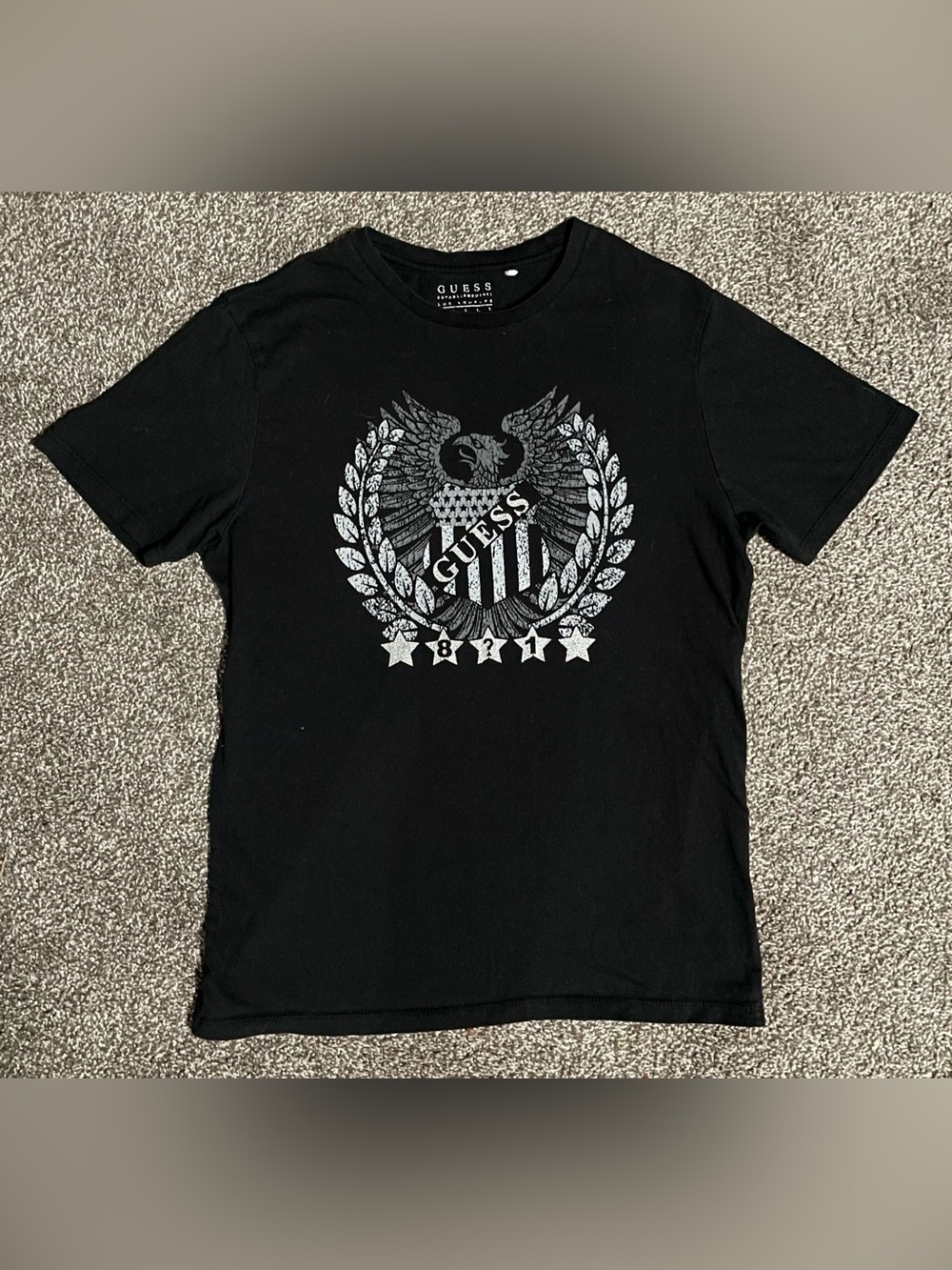 Guess Black Short Sleeve Tee with Silver Crest Graphic